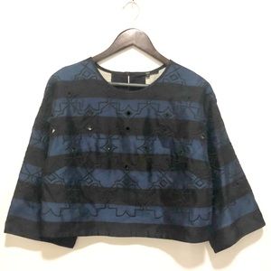 Tibi black and blue striped embroidered top